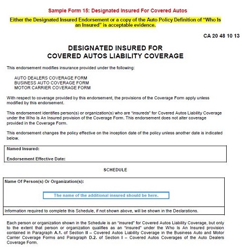 Sample Form 15 Designated Insured For Covered Autos Liability Coverage